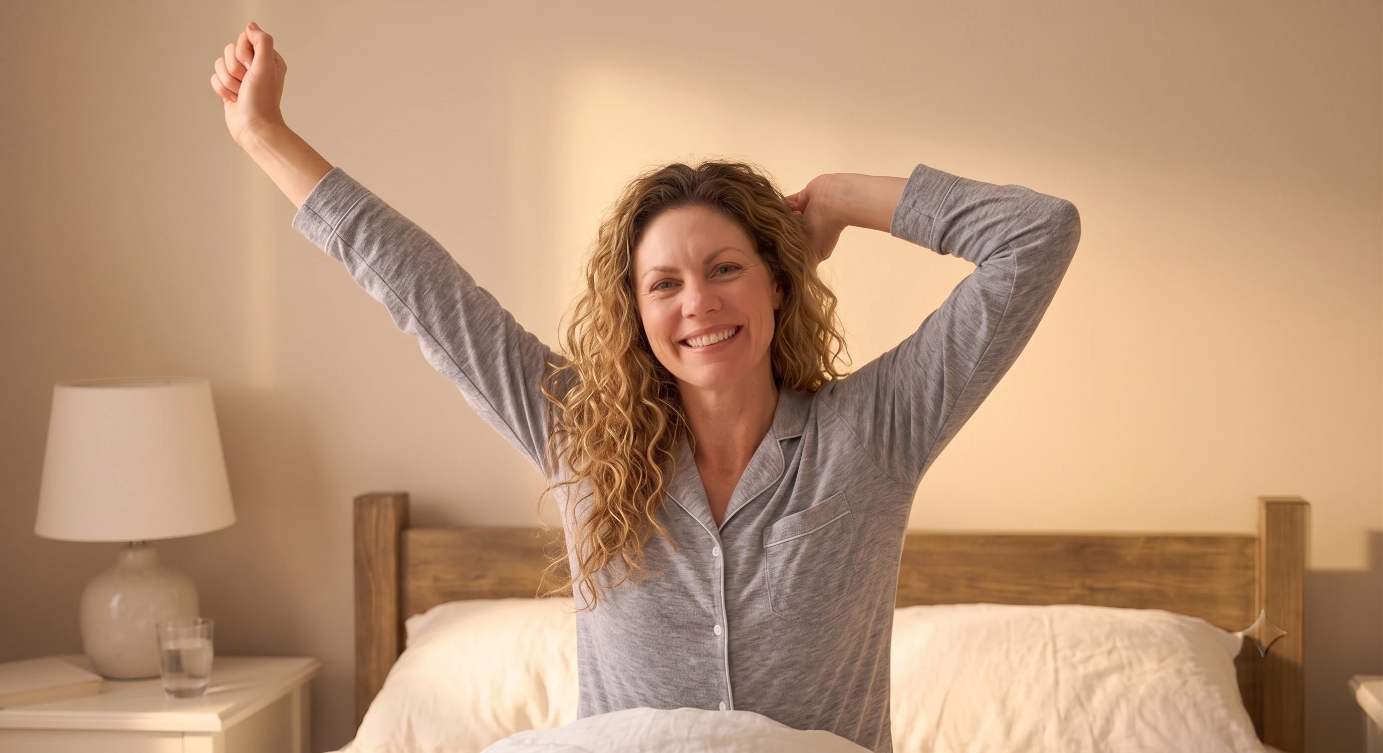 Mulher sorrindo ao acordar descansada na cama